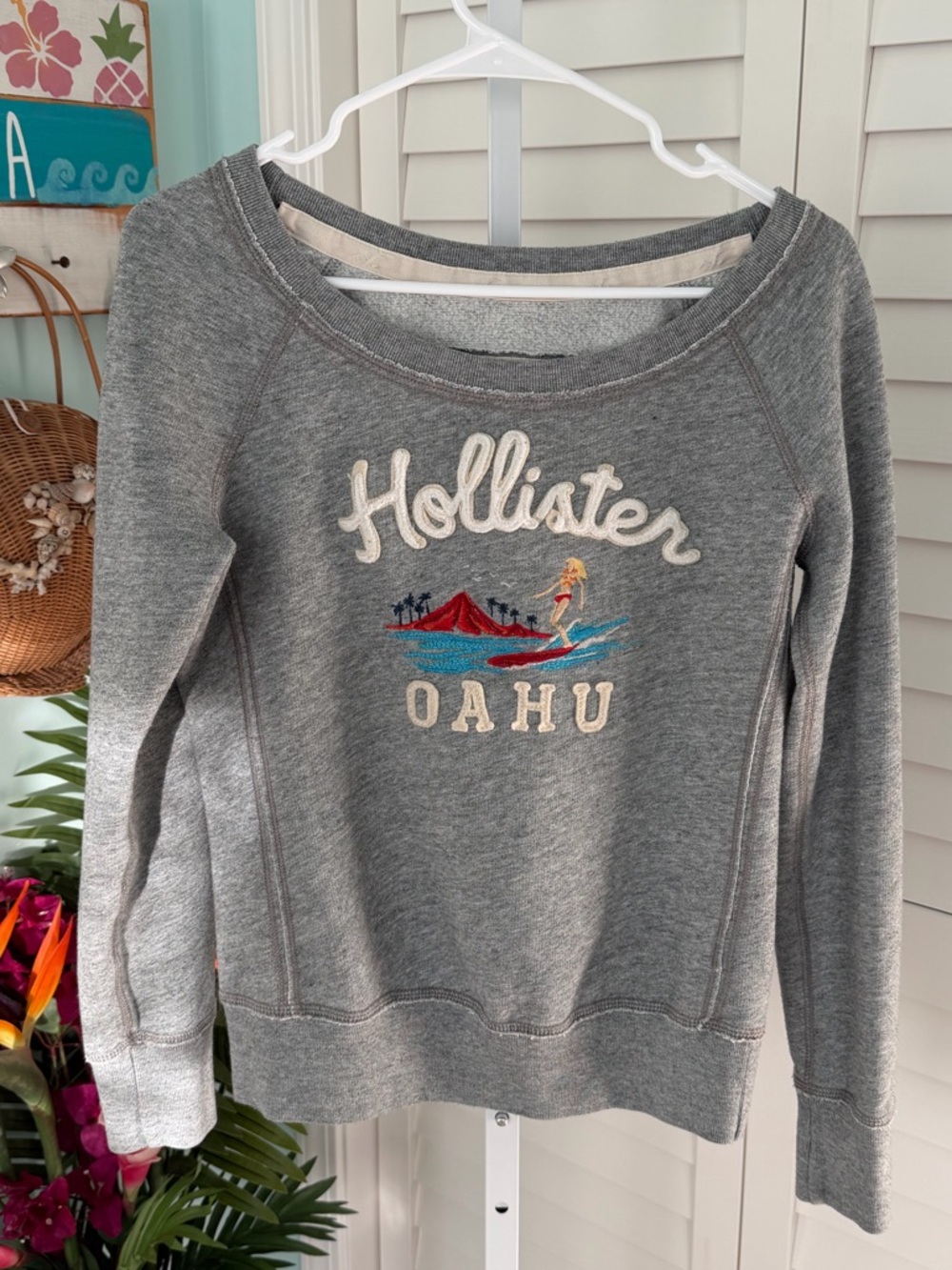 Hollister Gray Scoopneck Oahu Embroidered Sweatshirt